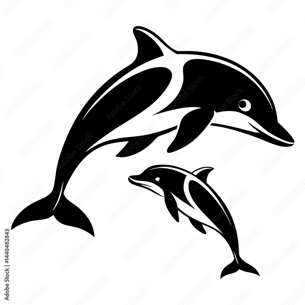 Obraz premium Black and white silhouette of two dolphins jumping in the ocean