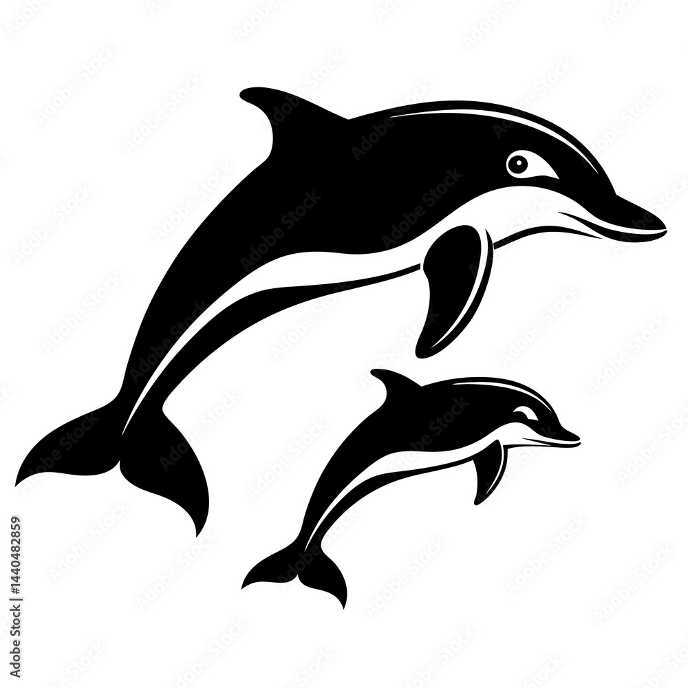 Fototapeta premium Black and white silhouette of two dolphins jumping in the ocean