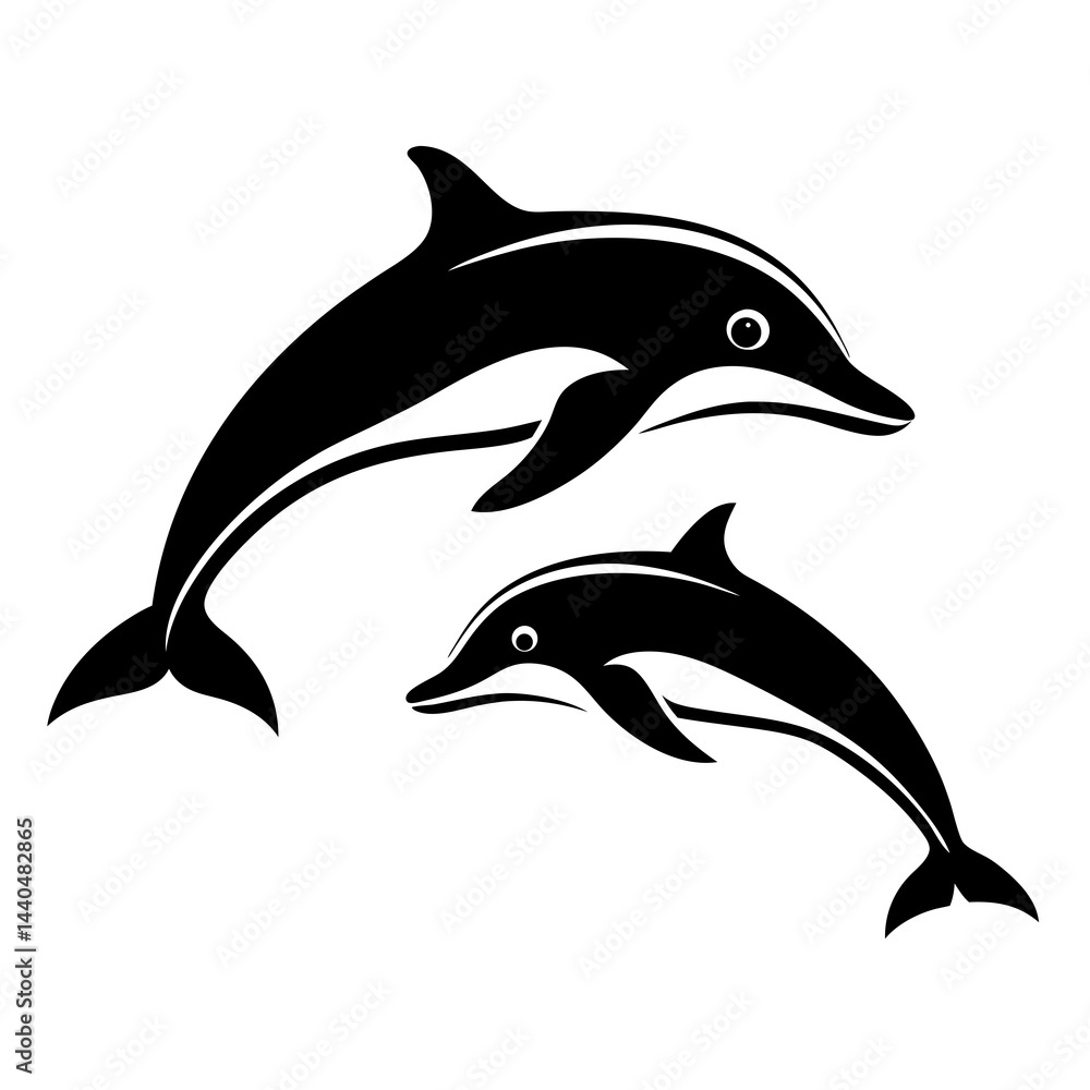 Fototapeta premium Black and white silhouette of two dolphins jumping in the ocean
