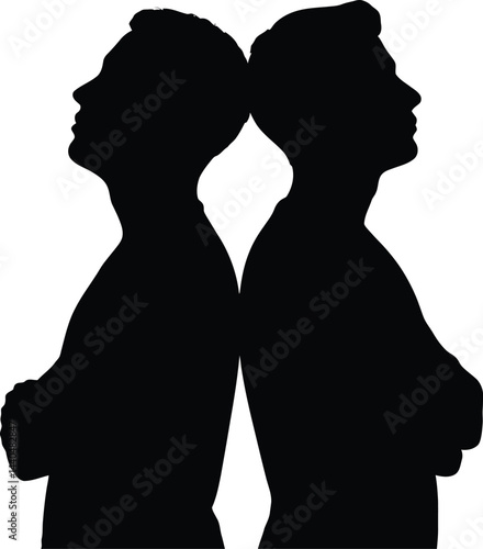 Two men back to back silhouette in conflict or disagreement showing tension and separation in black and white