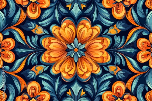 Colorful floral design with blue and orange flowers. The flowers are arranged in a way that creates a sense of movement and flow. Scene is vibrant and lively, with the colors