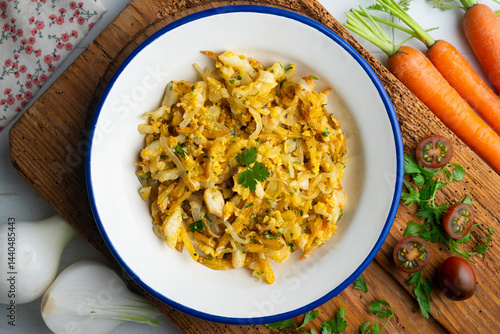 Cod o bras, golden cod with potatoes, a traditional Portuguese dish. Top view table.