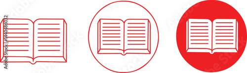 Red icons, open books, minimalist design, circular shapes, white background, graphic symbols, reading concept, education illustration, simple line art, flat vector style