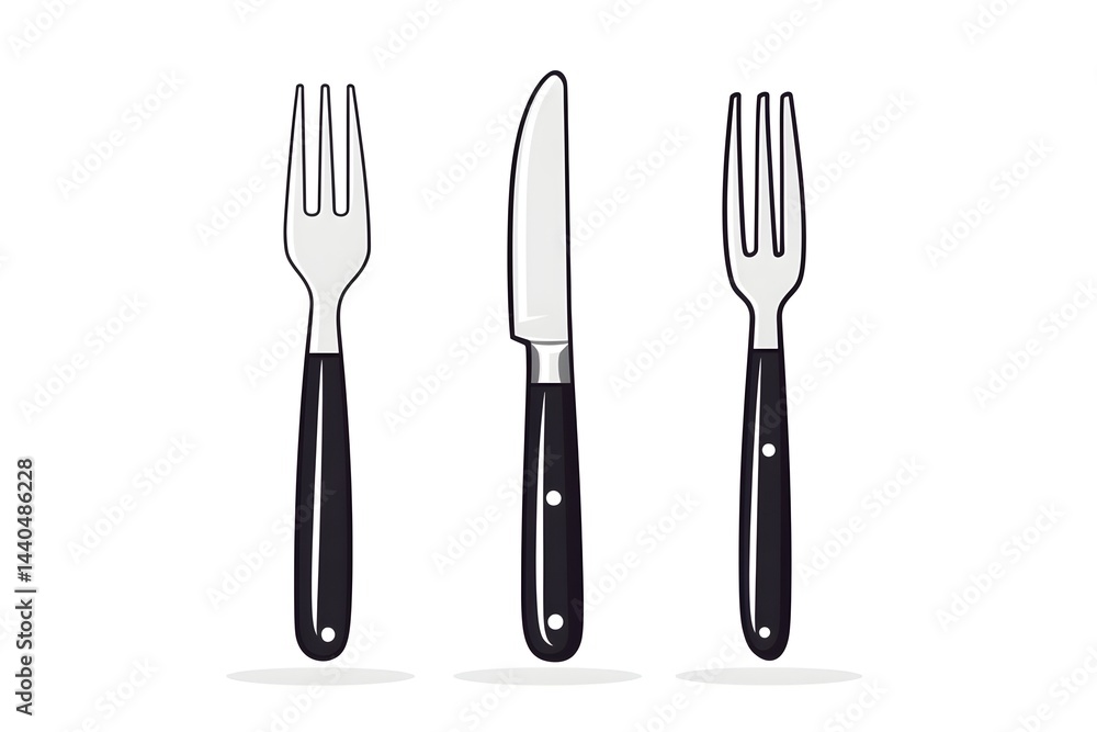 Simple illustration of two forks and a knife with black handles Simple illustration of two forks and a knife with black handles