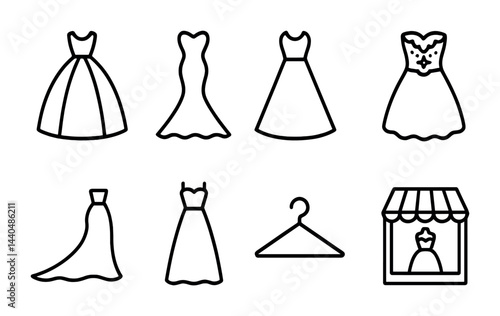 Formal dress outline icon set – linear style fashion, bridal, and boutique symbols for design: gown, evening dress, wedding dress, boutique shop, fashion hanger, couture