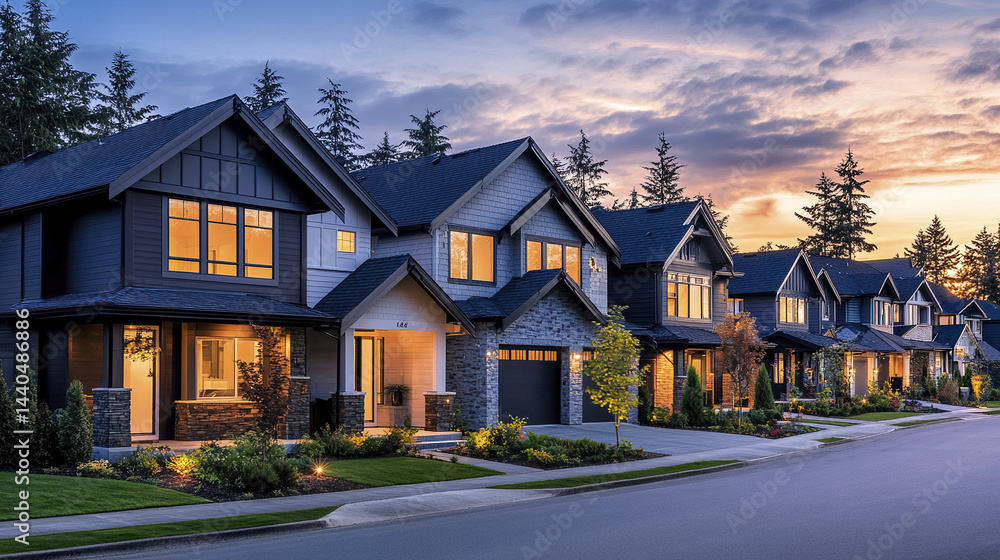 Modern suburban houses with varied exteriors and beautiful landscaping at sunset Modern suburban houses with varied exteriors and beautiful landscaping at sunset