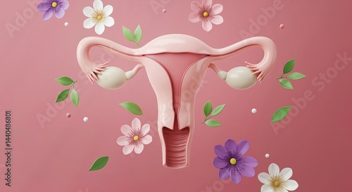 A female reproductive system 3D model is surrounded by soft flowers on a pink background. Womens health anatomy.