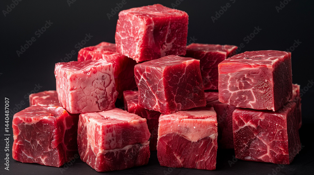 Raw Wagyu beef steak on dark surface with salt.