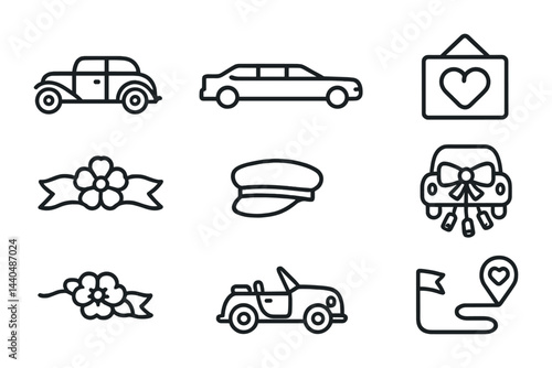 Wedding and romance linear icons set – outline style symbols for love, marriage, and celebration: vintage car, limousine, heart frame, floral wreath, chauffeur cap