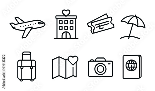 Travel and tourism outline icons set – line style holiday, exploration, and transport graphics for trip planning: airplane, hotel, tickets, beach umbrella, suitcase, map, camera, passport.