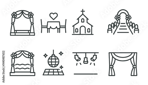 Wedding planning line icons set – outline style ceremony, decorations, and venue symbols for event design: arch, table, church, aisle, pool, dance floor, lights, curtain.