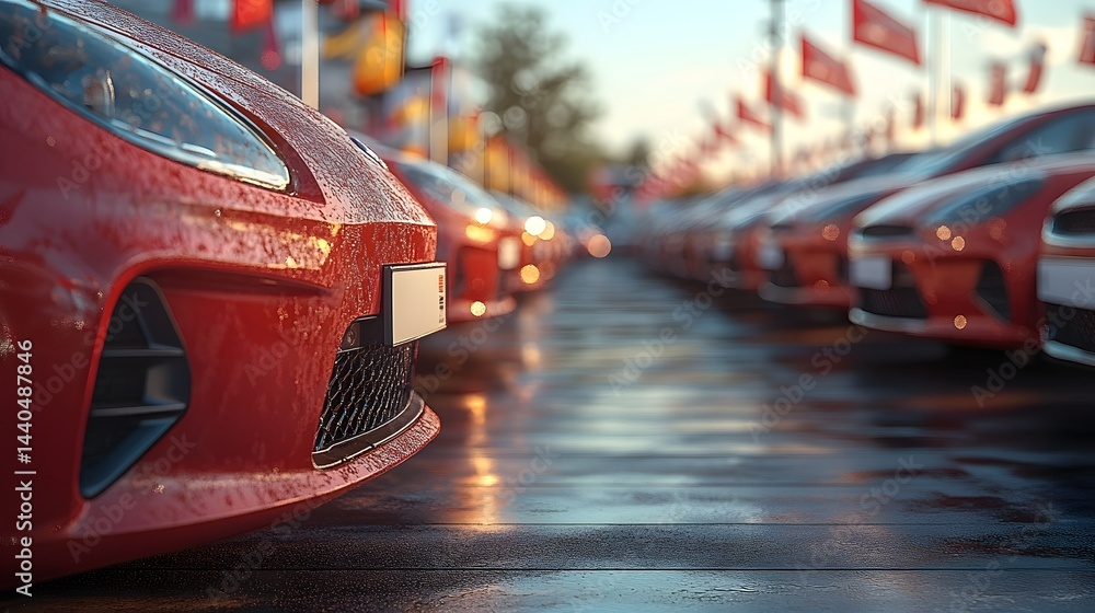 Obraz premium View of a row of new red automobile fronts with flags on a wet outdoor display lot ready for purchase and transport