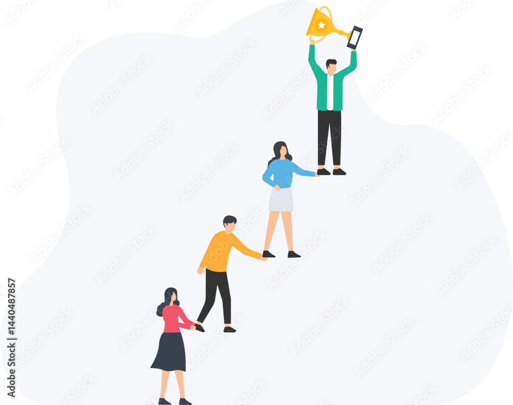 Business team collaborating and uplifting one another to achieve success, climbing the career ladder together, celebrating victories with a trophy, and embodying the essence of teamwork
Business team collaborating and uplifting one another to achieve success, climbing the career ladder together, celebrating victories with a trophy, and embodying the essence of teamwork