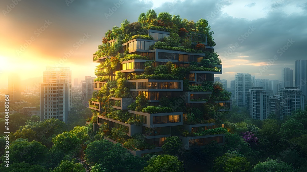 Obraz premium Urban Oasis: Modern Architecture Integrated with Nature in Dense Cityscape at Sunset, Showcasing Sustainable Living