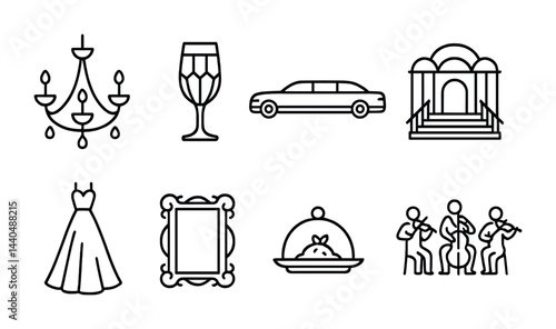 Luxury event line icons set – elegant style for high-class occasions and celebrations: chandelier, wine glass, limousine, venue, gown, frame, gourmet dish, musicians.
