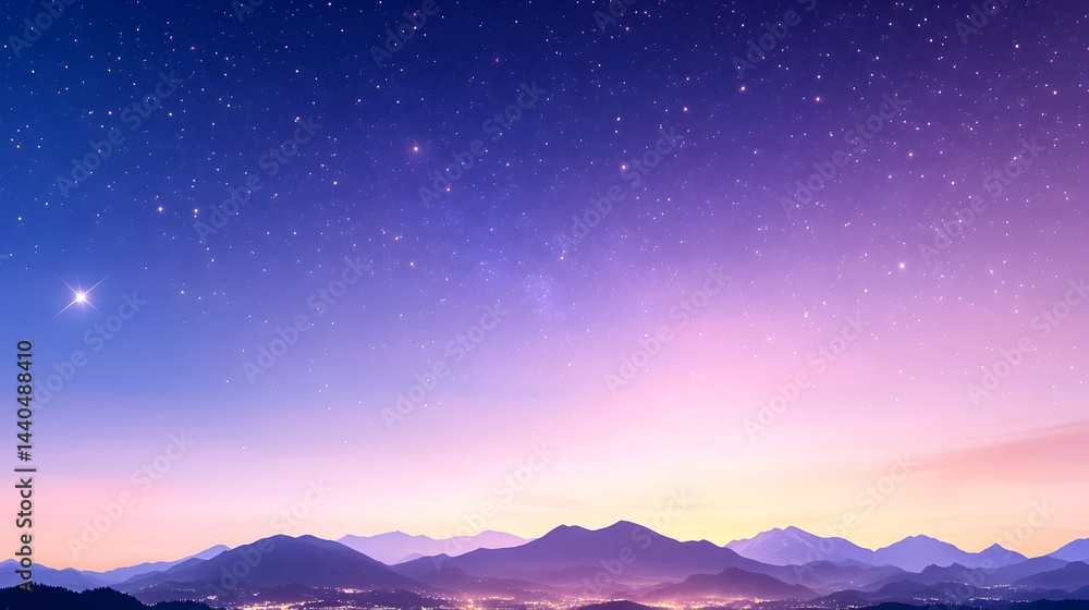 Fototapeta premium Starry night sky over a silhouetted mountain range at dawn, with a gradient of purple, pink, and orange hues
