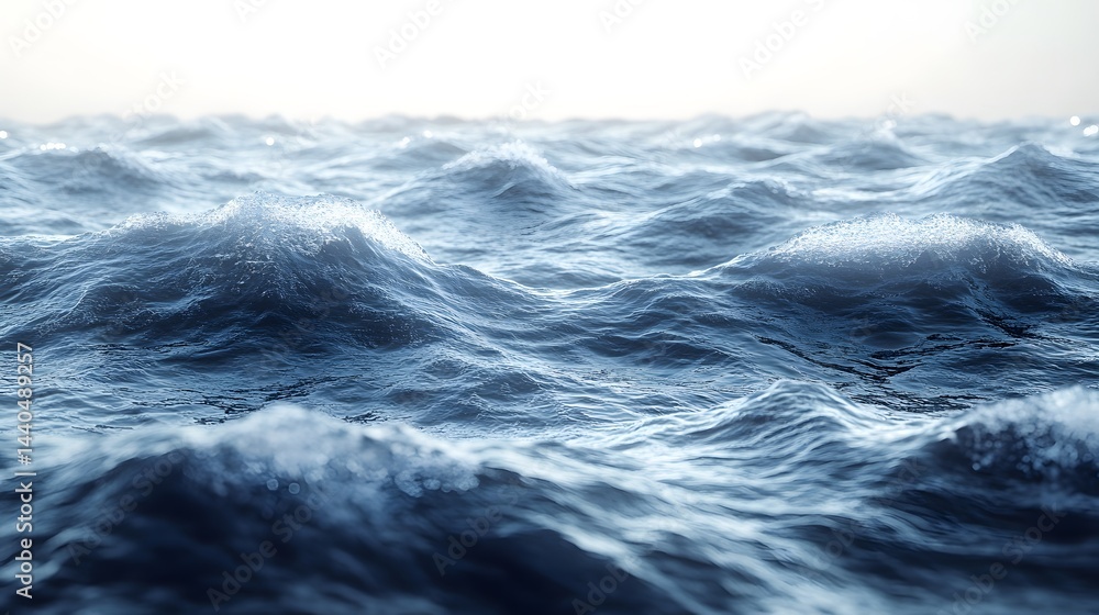 Fototapeta premium Rolling blue sea surface with gentle waves, sparkling sunlight reflecting on crests, horizon with bright diffused light.