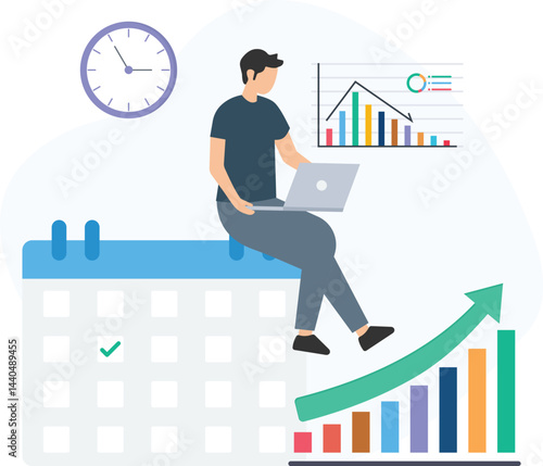 Businessman sitting on giant calendar using laptop analyzing positive growth charts, planning schedule and managing deadline under time pressure

