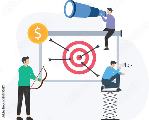 Marketers are developing a marketing strategy using a megaphone, bow and arrow, and telescope to hit the target and achieve financial goals

