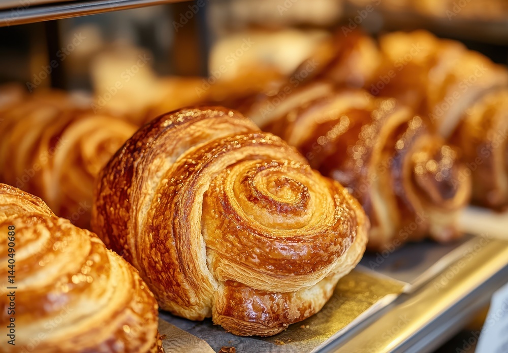 Fototapeta premium Freshly Baked Croissants with Golden Brown Crusts on Display in a Modern Bakery Setting for a Delicious Culinary Experience