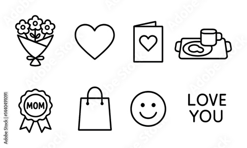 Mother's day icon set - linear style love and celebration symbols for greeting cards and gifts: flowers, heart, card, breakfast, badge, shopping bag, smiley, love