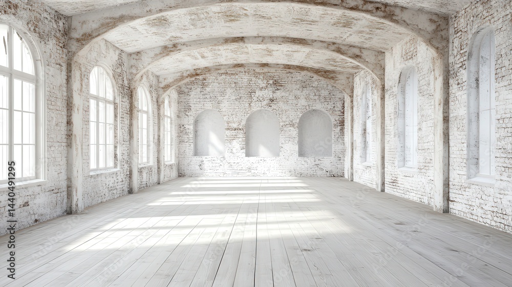 Fototapeta premium panoramic background of a weathered, white-painted brick wall creates an inviting yet worn atmosphere, ideal for showcasing design elements with an industrial touch.