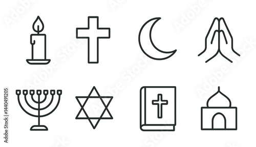 World religions icon set – outline style faith, spirituality, and worship symbols for cultural understanding: candle, cross, crescent moon, praying hands, menorah, star of david, holy book, mosque.