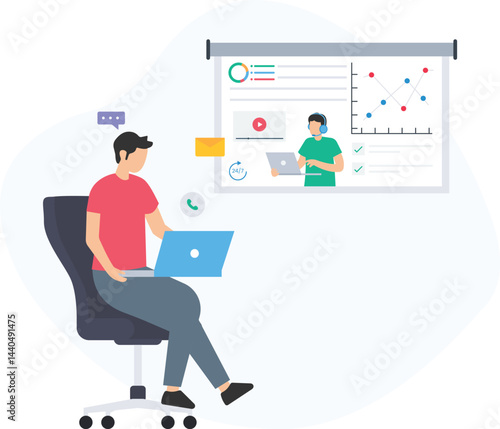 Student learning from home in an online class with teacher explaining charts on a laptop screen via video call, receiving 24/7 support and guidance

