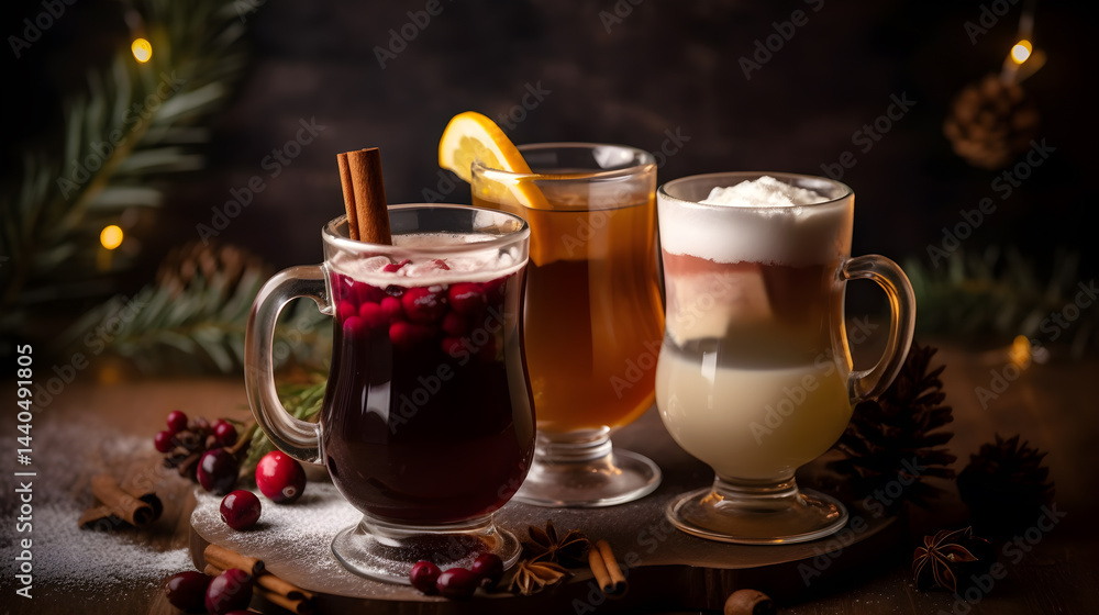 Three glasses of hot beverages with cinnamon sticks, orange slices, and whipped cream on a dark, wooden table with holiday decorations. Three glasses of hot beverages with cinnamon sticks, orange slices, and whipped cream on a dark, wooden table with holiday decorations.