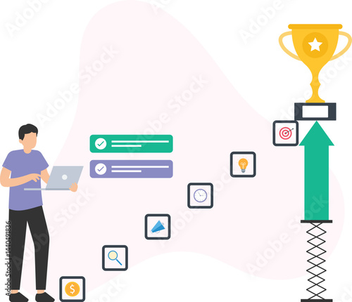 Businessman using laptop and completing tasks represented by icons on an upward arrow leading to a trophy, symbolizing achievement, success, and goal accomplishment

