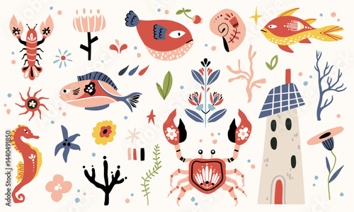 Folk hygge ocean clip arts, hand drawn vector set in Scandinavian Nordic style, isolated on white. Collection of classic ethnic elements. The scandi folk motifs - fishes, flowers, and sea animals set