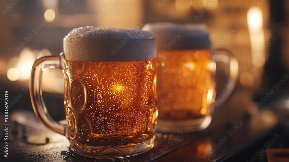 pair of beer mugs filled with amber-colored beer, the frothy tops glistening under soft light. pair of beer mugs filled with amber-colored beer, the frothy tops glistening under soft light.