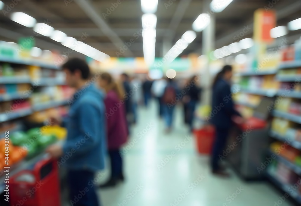 Generative AI image depicts blurred shoppers in a vibrant supermarket aisle Generative AI image depicts blurred shoppers in a vibrant supermarket aisle