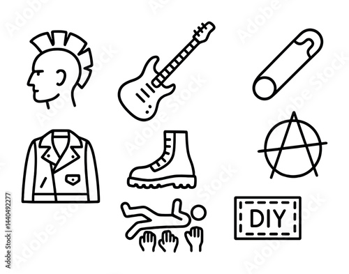 Punk rock culture line icon set – outline music, fashion, and diy symbols for rebellion: mohawk, guitar, safety pin, leather jacket, combat boot, anarchy symbol, diy patch