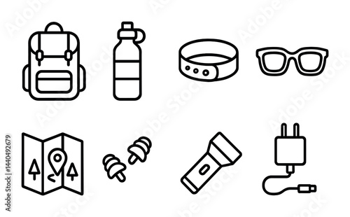 Outdoor adventure icon set - outline style hiking, camping, and travel essentials for journeys: backpack, water bottle, map, flashlight, sunglasses, charger, earplugs
