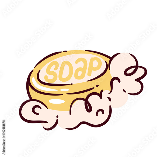 Cartoon doodle style soap bar with fluffy bubbles, drawn in yellow and beige. Vector illustration of soap bar with lather, perfect for cleaning, hygiene, or bathroom design sticker.