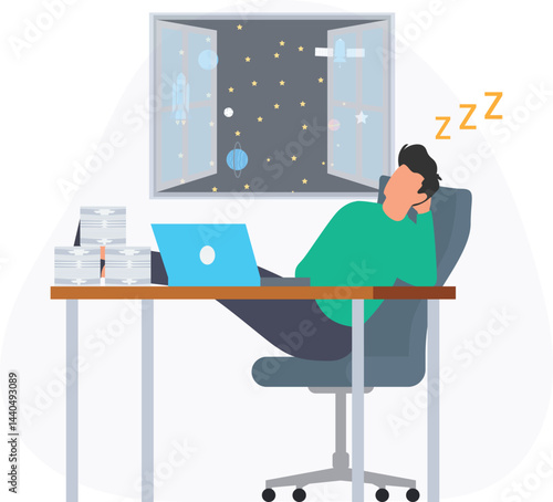 Tired employee sleeping at workplace with feet up on desk dreaming of space and planets through the window, work burnout and procrastination concept

