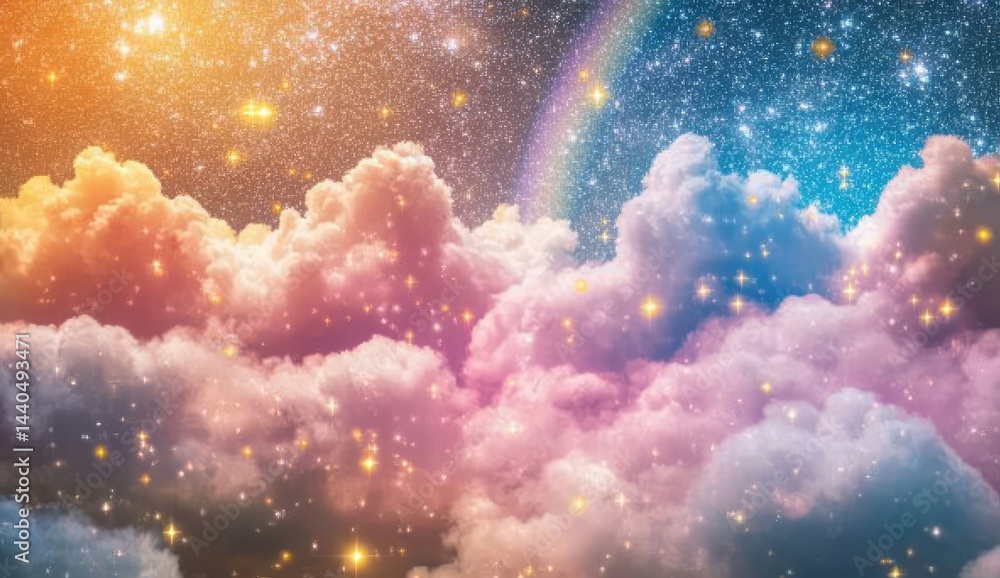 Fototapeta premium Pastel cloudscape with stars, rainbow, and cosmic dust
