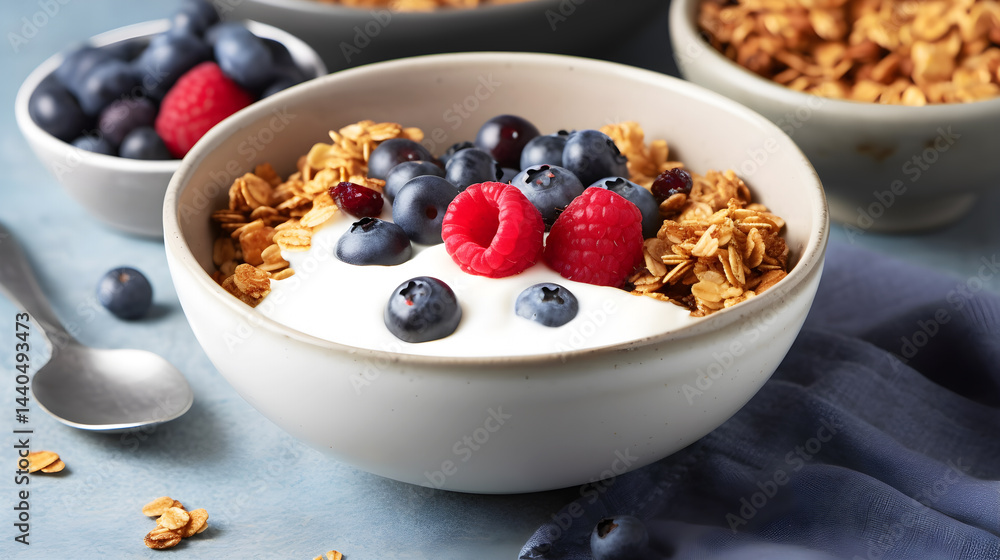 A bowl of granola with fresh berries and yogurt on a blue tablecloth. A bowl of granola with fresh berries and yogurt on a blue tablecloth.