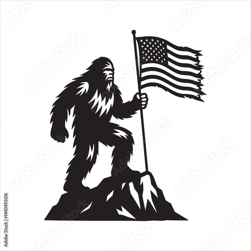 Black and white silhouette of Bigfoot (Yeti) standing on a mountain peak, holding a tattered American flag waving in the wind