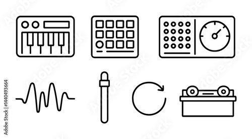 Music production outline icon set – flat style sound engineering and audio editing tools: synthesizer, drum machine, mixer, sound wave, equalizer, record player, loop, tape deck