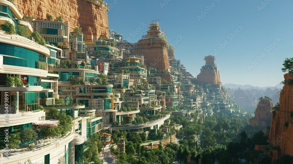 Obraz premium Elevated cityscape nestled within a mountainous landscape.