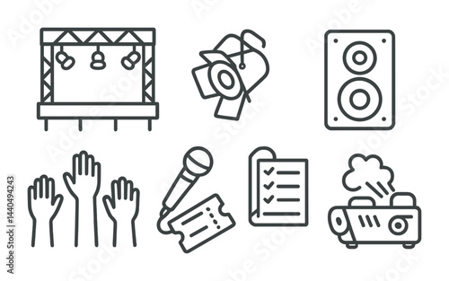 Event and entertainment outline icons set – line style party planning, music, and venue symbols for organizers: stage, spotlight, speaker, raised hands, microphone, ticket, checklist.