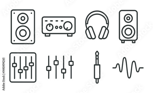 Music equipment outline icon set – linear style audio, sound, and mixing symbols for enthusiasts: speaker, mixer, headphones, equalizer, sound wave, audio cable, amplifier.