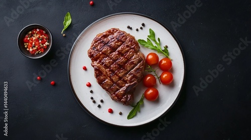 Juicy grilled steak on a white plate, garnished with fresh vegetables and a side of rich salsa, perfect for meal promotion.