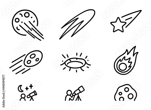 Astronomy and space line icons set – outline style celestial, exploration, and cosmic symbols for stargazing: shooting star, meteor, telescope, moon, planet, asteroid, galaxy.