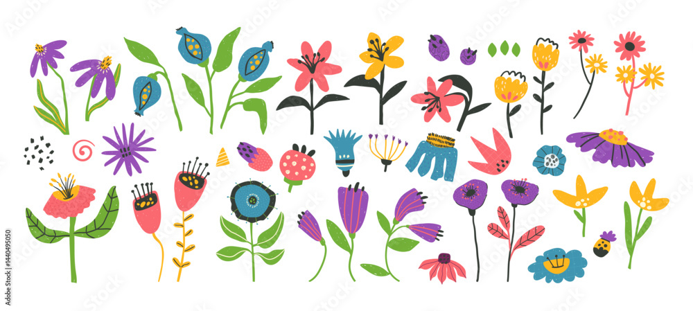 Fototapeta premium Set of bold positive flowers clip arts hand drawn in naive style, optimistic bright floral illustration, vector isolated items on white background