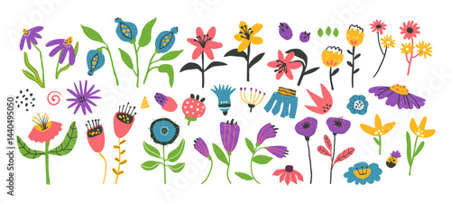 Set of bold positive flowers clip arts hand drawn in naive style, optimistic bright floral illustration, vector isolated items on white background