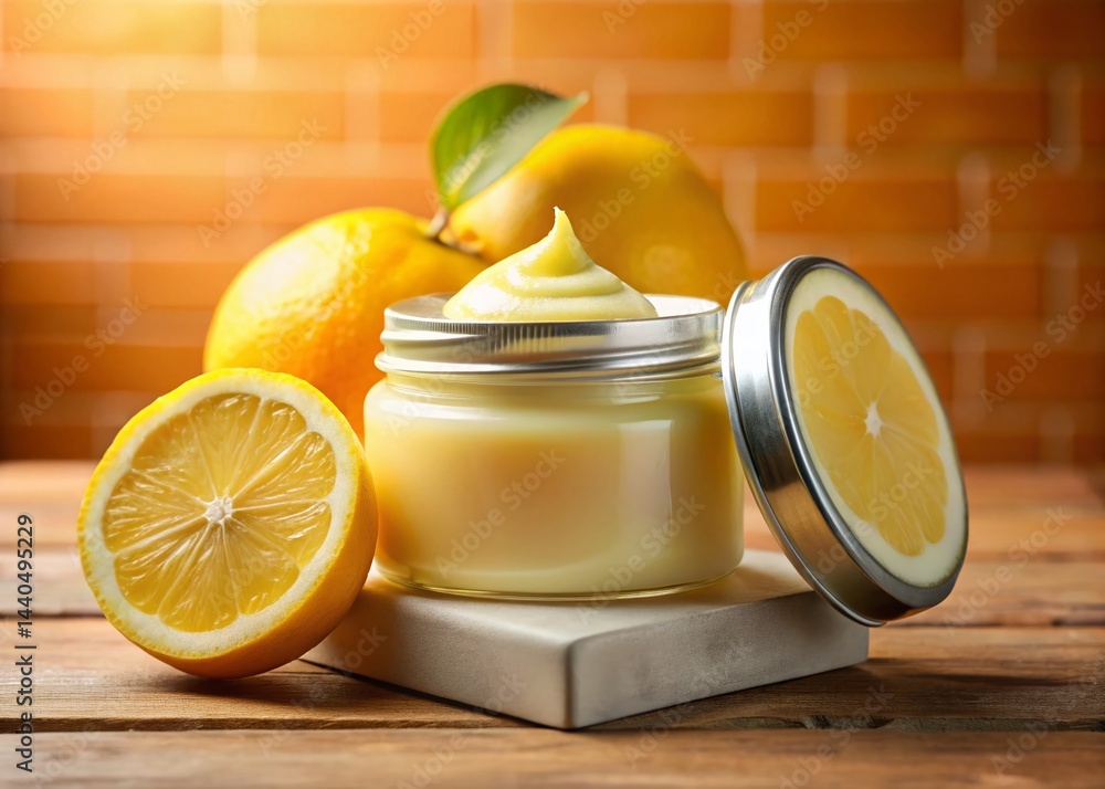 Luxurious Lemon Cream Jar, Macro Photography, Pastel Yellow Skincare Product, Soft Light, White Stand