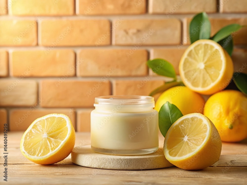 Luxurious Lemon Cream Jar on Brick Orange Background - Minimalist Product Photography